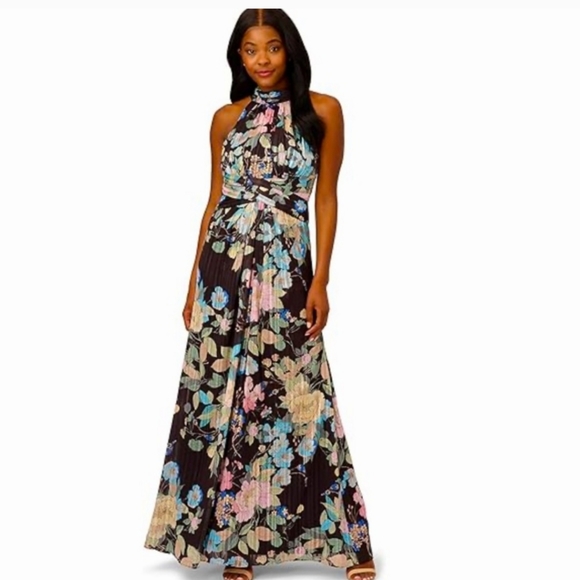 Adrianna Papell Chiffon Printed Halter Gown - Picture 3 of 12
